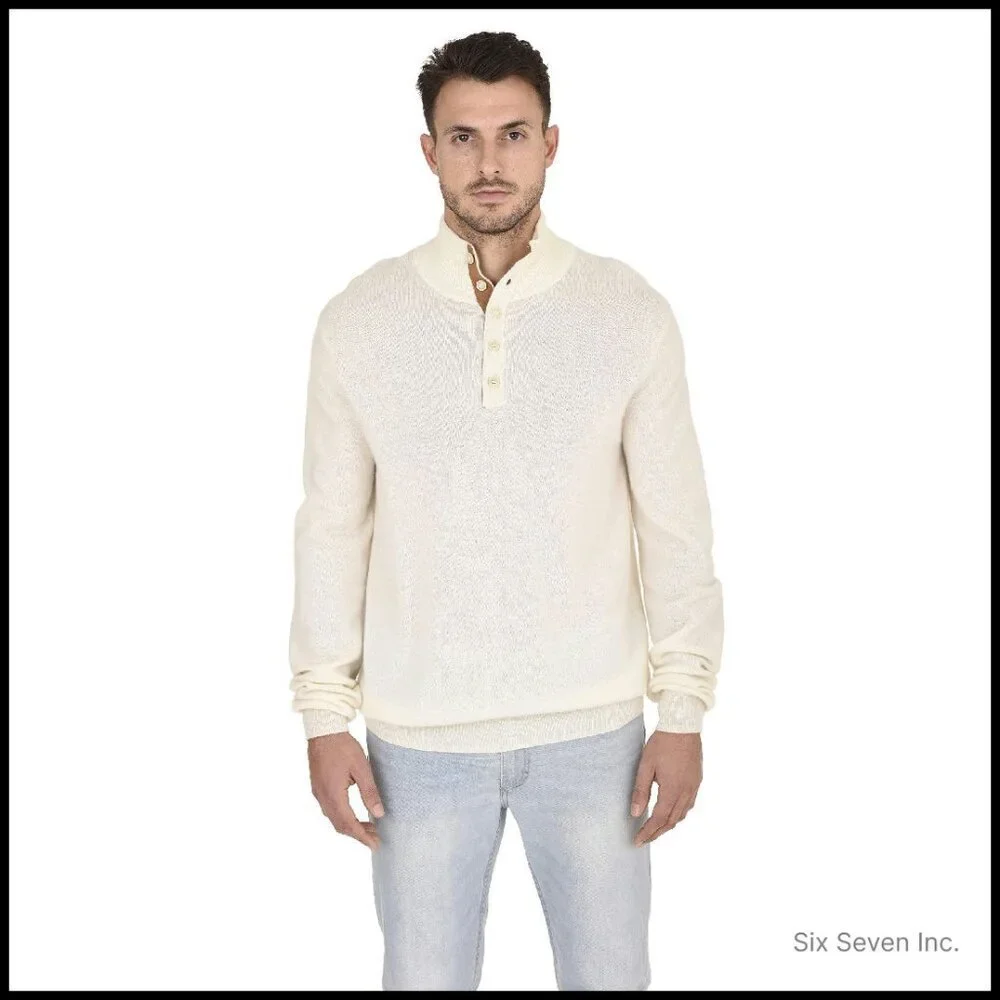 Men's Cashmere Mockneck Pullover Button Up Polo Neck Sweater Classic Elegant
